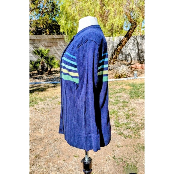 VTG Adolfo Navy Striped Lamb's Wool/Acrylic Cardigan Sweater Button-Up EUC - Picture 2 of 6